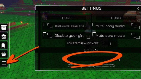 The codes redeem page in Huzz RNG.