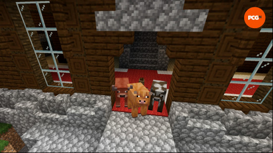 One of each of the Minecraft cow variants stand in a woodland mansion in one of the best Minecraft seeds to explore the spring drop.