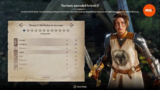Oblivion review: The new leveling menu that depicts the Hero of Kvatch and a list of stats to assign attribute points.