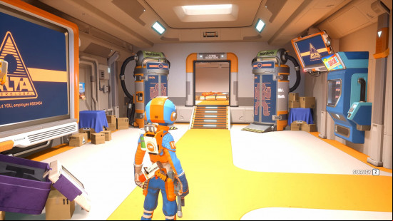 Revenge of the Savage Planet review: The player's character stands in front of a screen in the home base in Revenge of the Savage Planet.