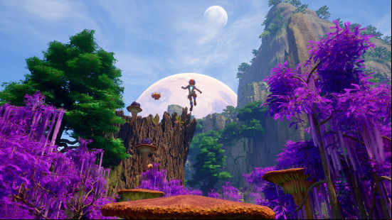 Revenge of the Savage Planet review: the player character leaping through the air in a planet densely covered in colorful flora.