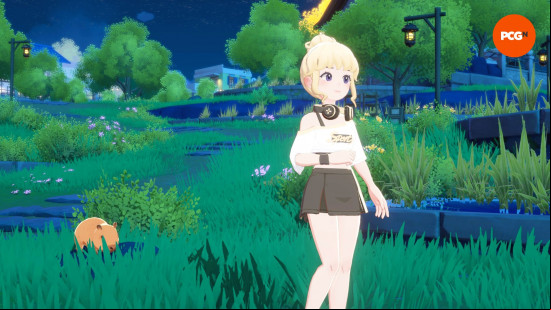 Starsand Island impressions: A young blonde woman wanders through a lush green landscape, a small capybara following closely behind.