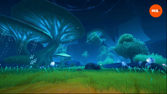 The giant glowing mushrooms and blue crystals of the Moonlit Forest in Starsand Island.