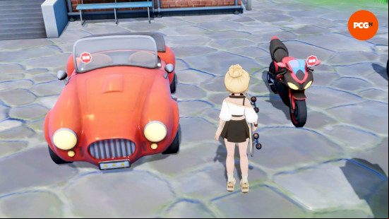 Starsand Island vehicles: A car and a motorbike for sale at the garage in Starsand Island. 
