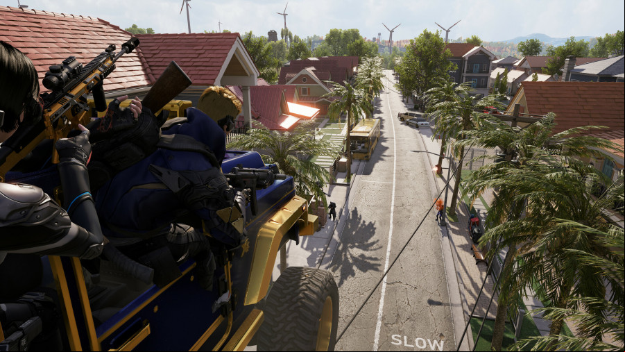 Super People: People in combat gear in a car drive through the air, set to land on a palm tree-lined highway