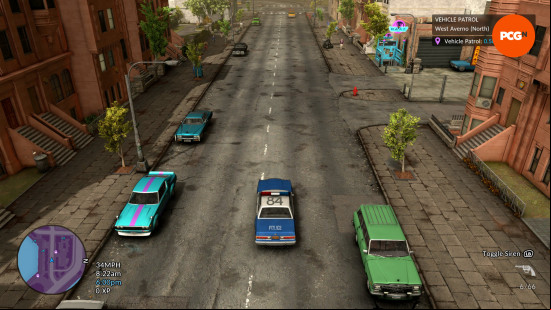 The Precinct review: An overhead view of a police cruiser driving down a street, from The Precinct.