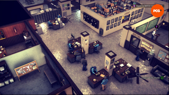 The Precinct review: An overhead view of a police station, with desks and evidence and briefing room visible, from The Precinct.