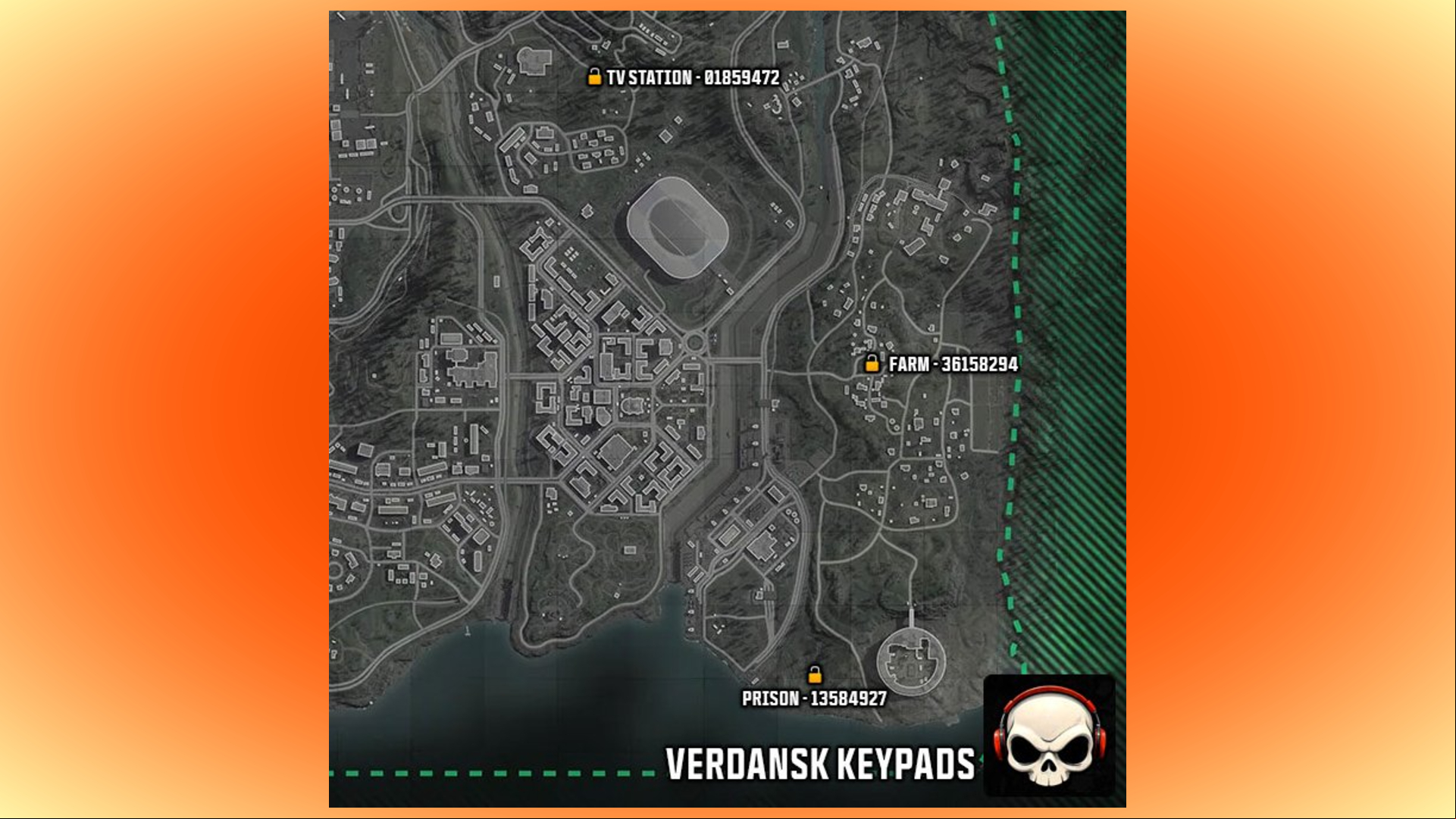 Warzone: A map showing the location and keypad codes of shacks in Warzone's Verdansk map