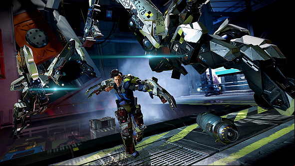 A man in an exosuit ducks, dives and dodges giant robots in The Surge's combat trailer